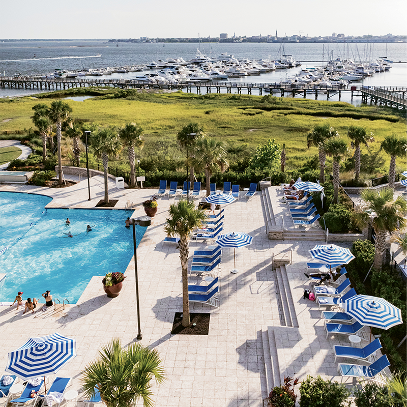 Welcoming porches wrap around The Beach Club, which Charleston Harbor Resort & Marina added to its Mount Pleasant waterfront property in late 2016.
